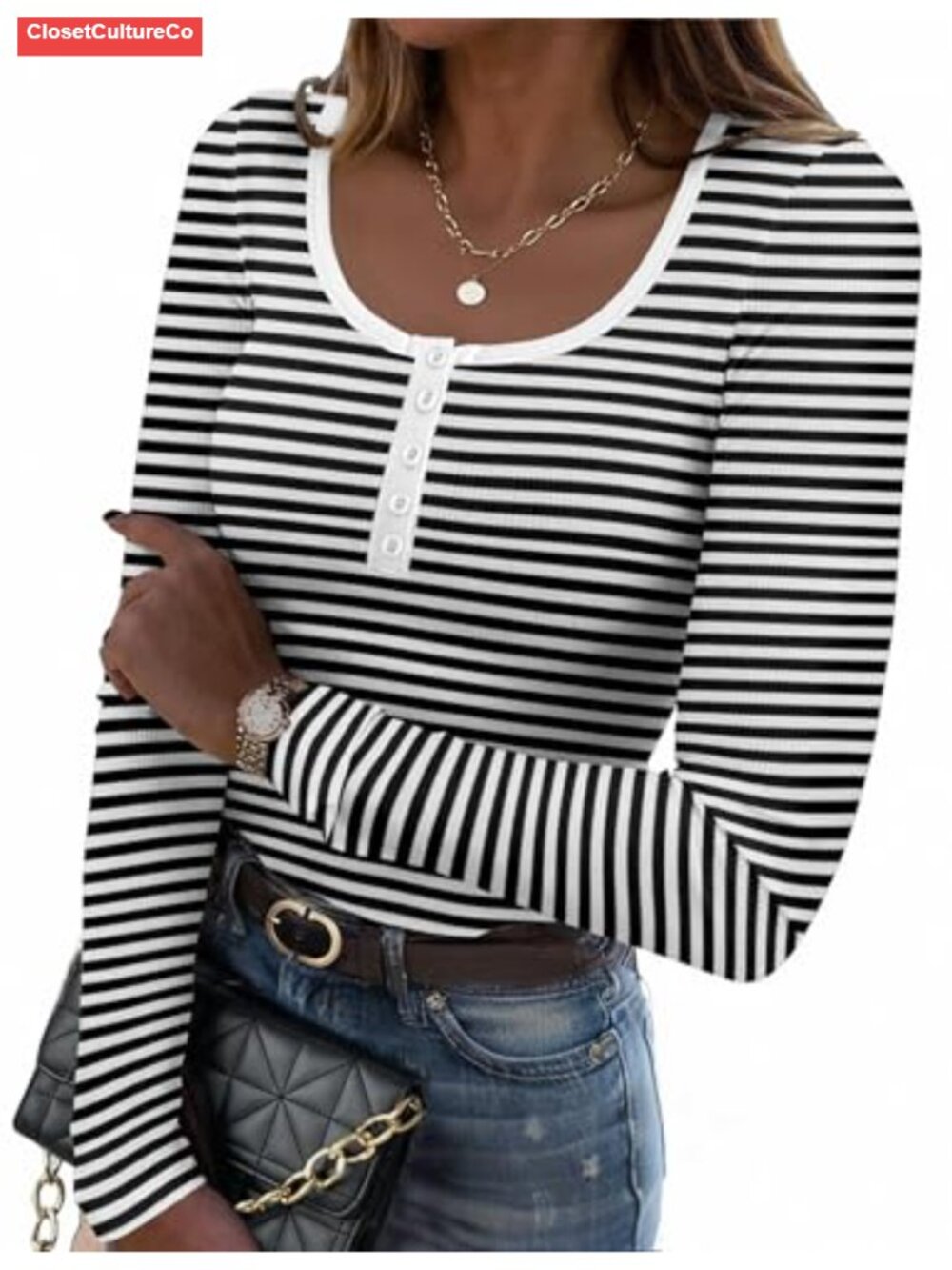 Zeagoo Women's Long Sleeve Rib Knit Square Neck Top Button Accent Slim Fit